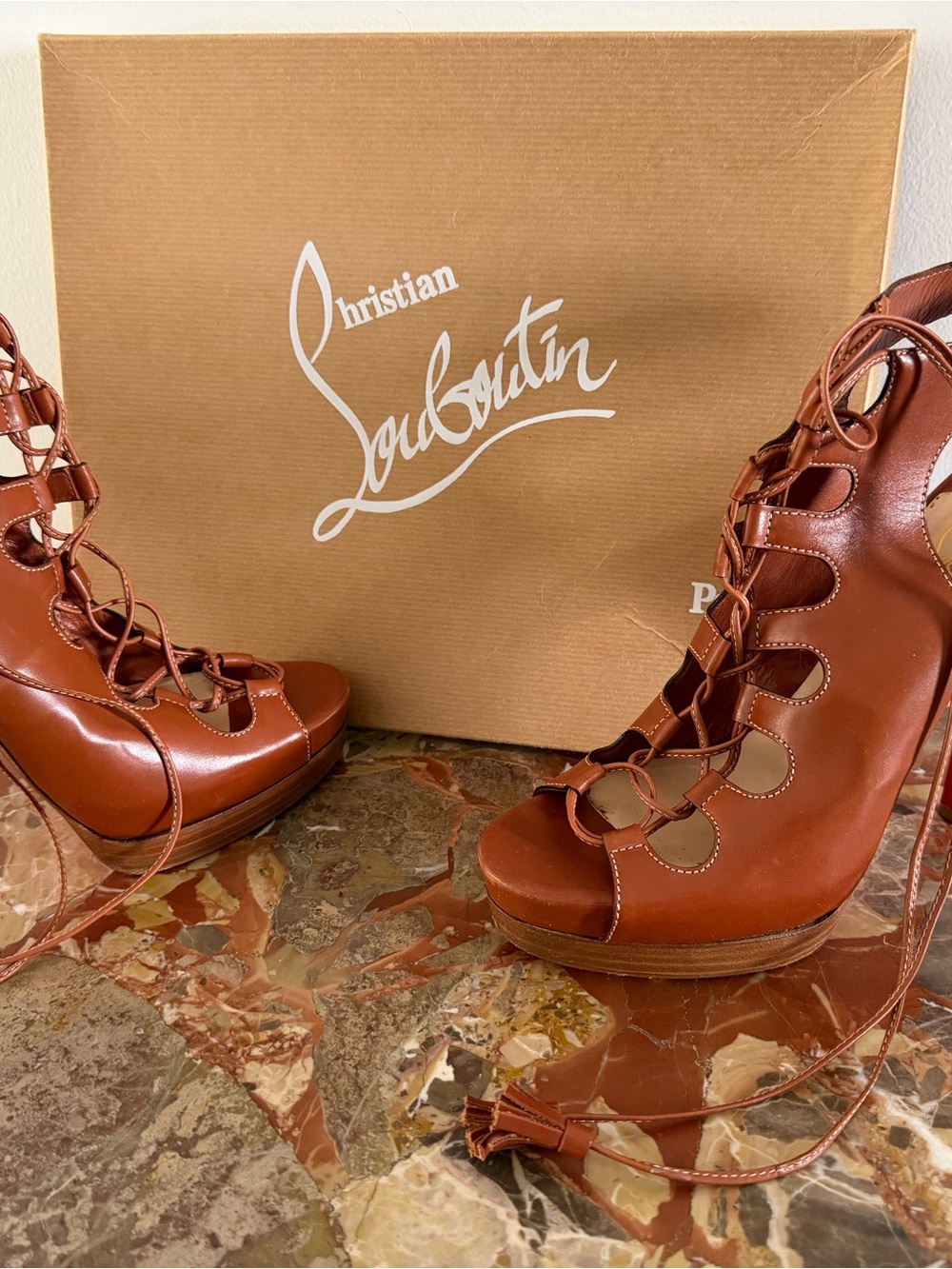 Christian Louboutin Brown Lace-Up Platform Stiletto Heels